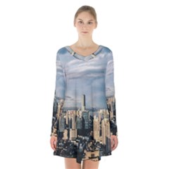 Shanghai The Window Sunny Days City Long Sleeve Velvet V-neck Dress by BangZart