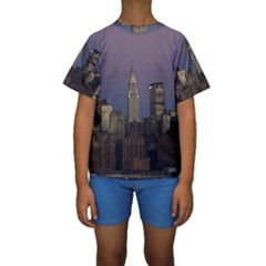 Skyline City Manhattan New York Kids  Short Sleeve Swimwear by BangZart