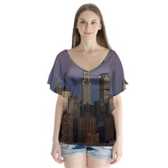 Skyline City Manhattan New York V-neck Flutter Sleeve Top by BangZart