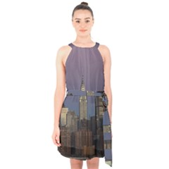 Skyline City Manhattan New York Halter Collar Waist Tie Chiffon Dress