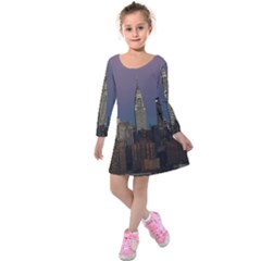 Skyline City Manhattan New York Kids  Long Sleeve Velvet Dress by BangZart