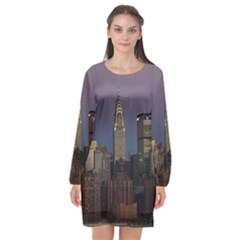 Skyline City Manhattan New York Long Sleeve Chiffon Shift Dress 