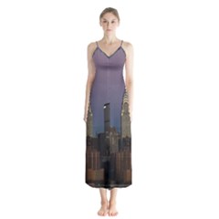 Skyline City Manhattan New York Button Up Chiffon Maxi Dress