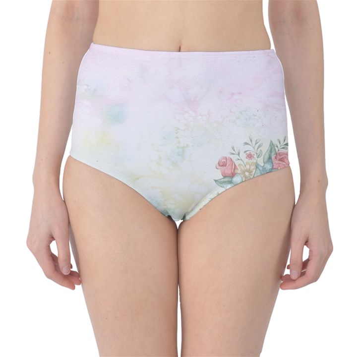 Romantic Watercolor Books and Flowers High-Waist Bikini Bottoms