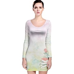 Romantic Watercolor Books And Flowers Long Sleeve Velvet Bodycon Dress