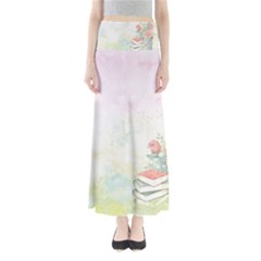 Romantic Watercolor Books And Flowers Full Length Maxi Skirt by paulaoliveiradesign