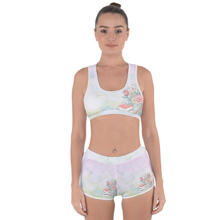 Romantic Watercolor Books and Flowers Racerback Boyleg Bikini Set