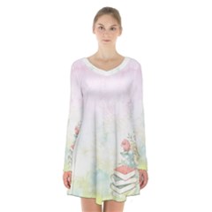 Romantic Watercolor Books And Flowers Long Sleeve Velvet V-neck Dress