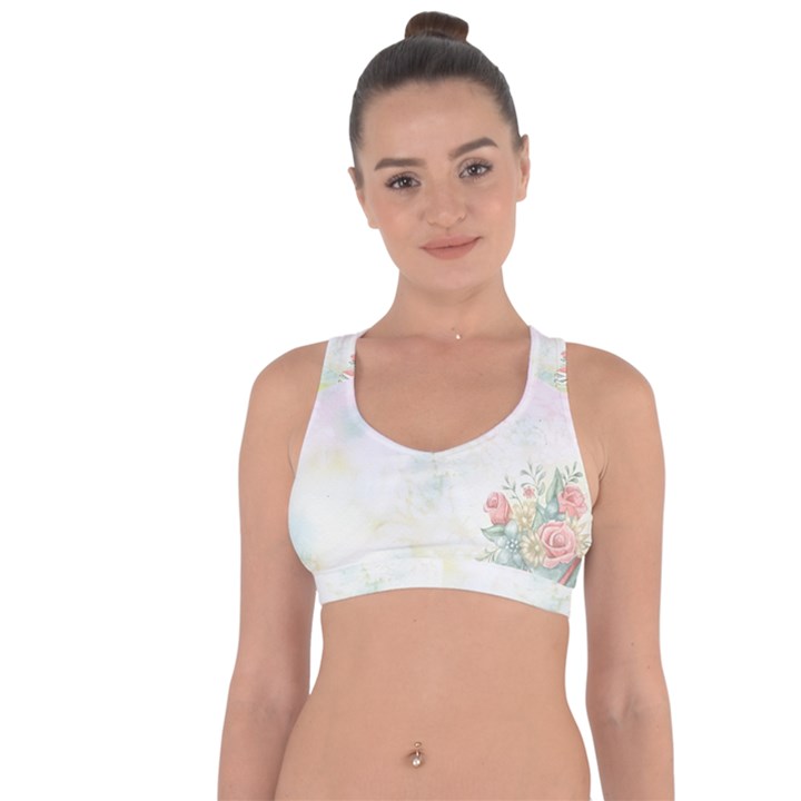 Romantic Watercolor Books and Flowers Cross String Back Sports Bra