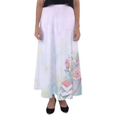 Romantic Watercolor Books And Flowers Flared Maxi Skirt