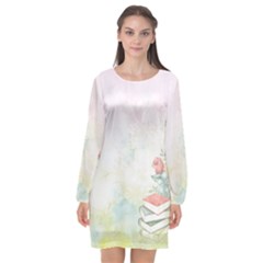 Romantic Watercolor Books And Flowers Long Sleeve Chiffon Shift Dress  by paulaoliveiradesign