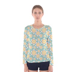 Seamless Pattern Blue Floral Women s Long Sleeve Tee