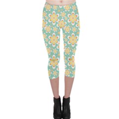 Seamless Pattern Blue Floral Capri Leggings  by paulaoliveiradesign