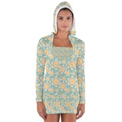 Seamless Pattern Blue Floral Long Sleeve Hooded T-shirt by paulaoliveiradesign