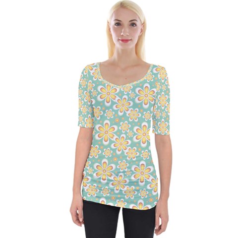 Seamless Pattern Blue Floral Wide Neckline Tee by paulaoliveiradesign