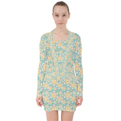 Seamless Pattern Blue Floral V-neck Bodycon Long Sleeve Dress