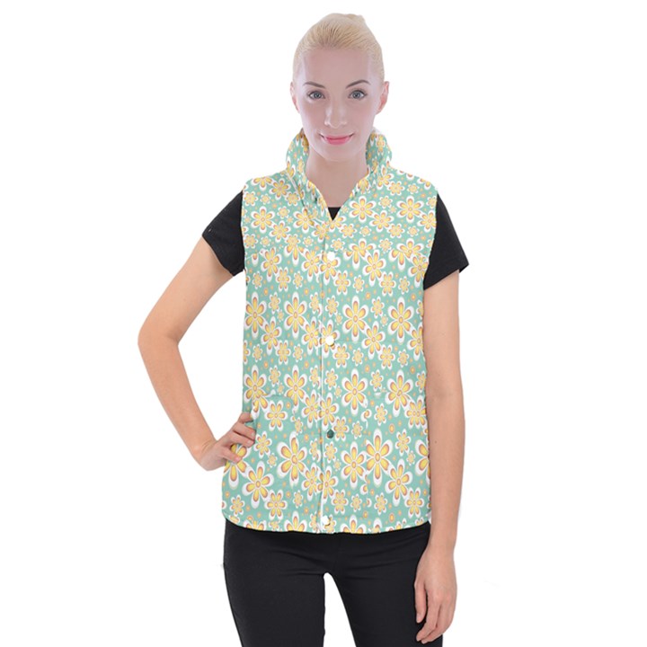 Seamless Pattern Blue Floral Women s Button Up Puffer Vest