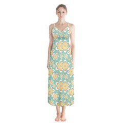 Seamless Pattern Blue Floral Button Up Chiffon Maxi Dress