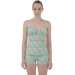 Seamless Pattern Blue Floral Tie Front Two Piece Tankini