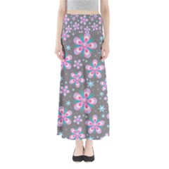 Seamless Pattern Purple Girly Floral Pattern Full Length Maxi Skirt by paulaoliveiradesign