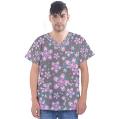 Seamless Pattern Purple Girly Floral Pattern Men s V-neck Scrub Top