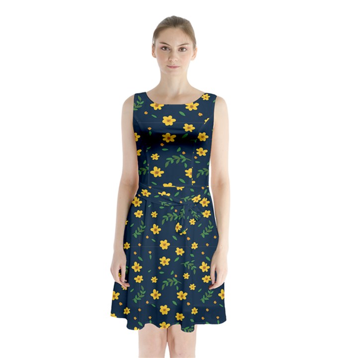 Yellow & Blue Bloom Sleeveless Waist Tie Chiffon Dress