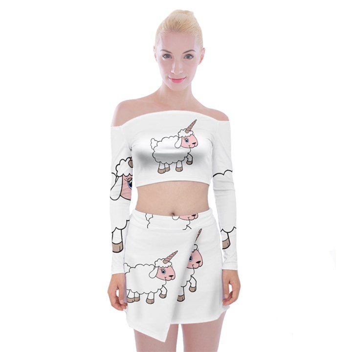 Unicorn sheep Off Shoulder Top with Skirt Set