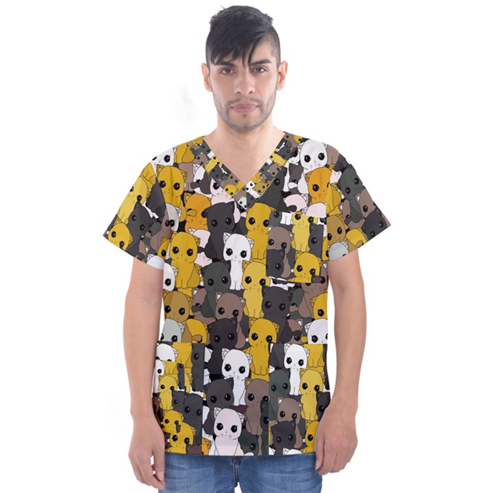 Cute cats pattern Men s V-Neck Scrub Top