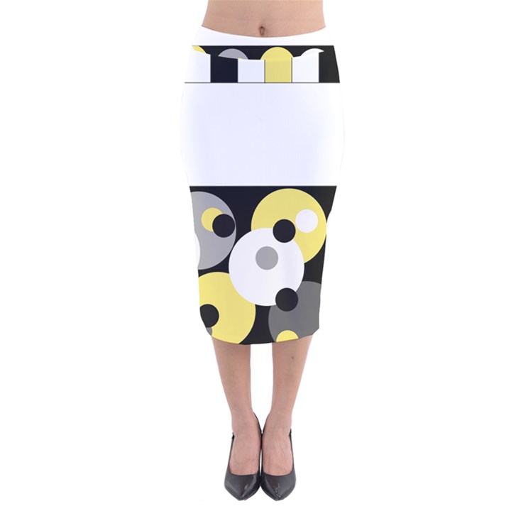 Black, Gray, Yellow Stripes and Dots Velvet Midi Pencil Skirt