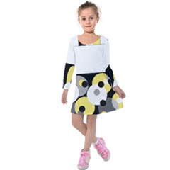 Black, Gray, Yellow Stripes And Dots Kids  Long Sleeve Velvet Dress by digitaldivadesigns