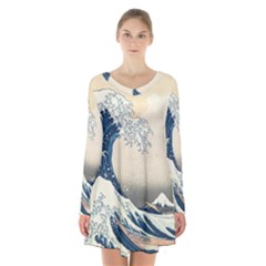 The Classic Japanese Great Wave Off Kanagawa By Hokusai Long Sleeve Velvet V-neck Dress by PodArtist