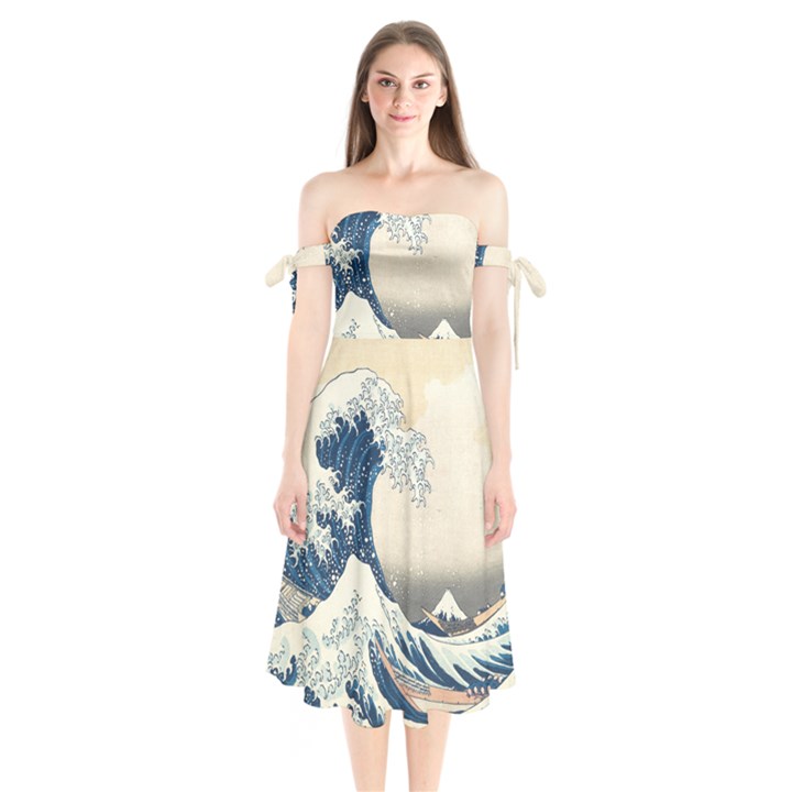 The Classic Japanese Great Wave off Kanagawa by Hokusai Shoulder Tie Bardot Midi Dress