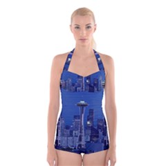 Space Needle Seattle Washington Boyleg Halter Swimsuit  by Nexatart