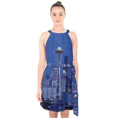 Space Needle Seattle Washington Halter Collar Waist Tie Chiffon Dress