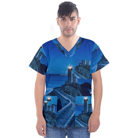 Plouzane France Lighthouse Landmark Men s V-neck Scrub Top by Nexatart