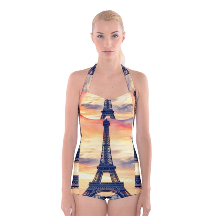 Eiffel Tower Paris France Landmark Boyleg Halter Swimsuit 