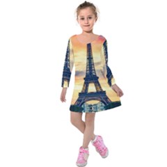 Eiffel Tower Paris France Landmark Kids  Long Sleeve Velvet Dress by Nexatart