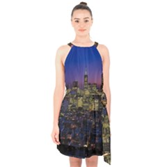 San Francisco California City Urban Halter Collar Waist Tie Chiffon Dress