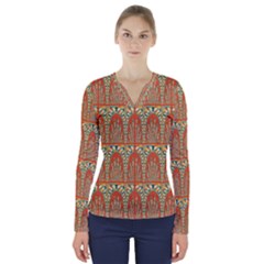 Arcs Pattern V-neck Long Sleeve Top