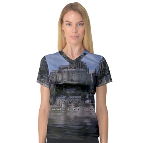 Mont Saint Michel France Normandy V-neck Sport Mesh Tee by Nexatart