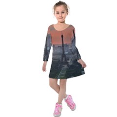 Paris France French Eiffel Tower Kids  Long Sleeve Velvet Dress by Nexatart