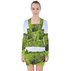 Bali Rice Terraces Landscape Rice V-neck Bodycon Long Sleeve Dress