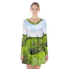 Bali Rice Terraces Landscape Rice Long Sleeve Velvet V-neck Dress by Nexatart