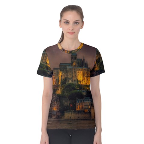 Mont St Michel Sunset Island Church Women s Cotton Tee by Nexatart