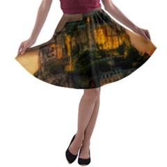 Mont St Michel Sunset Island Church A-line Skater Skirt by Nexatart