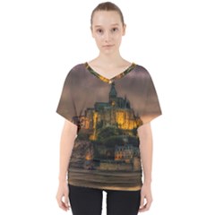 Mont St Michel Sunset Island Church V-neck Dolman Drape Top by Nexatart