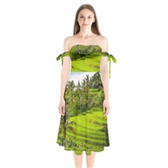 Rice Terrace Terraces Shoulder Tie Bardot Midi Dress by Nexatart