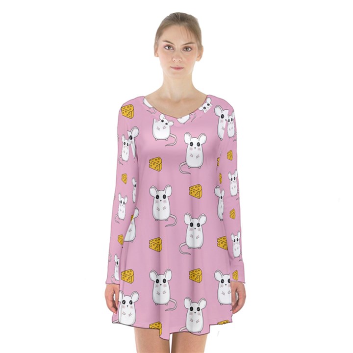 Cute Mouse Pattern Long Sleeve Velvet V-neck Dress