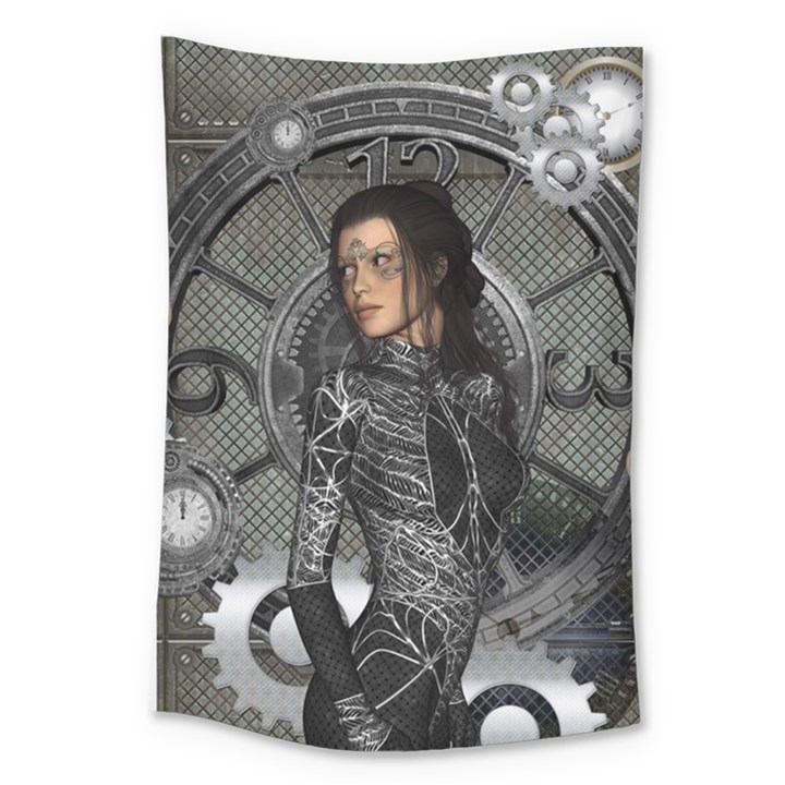 Steampunk, Steampunk Lady, Clocks And Gears In Silver Large Tapestry