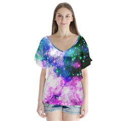 Space Colors V-neck Flutter Sleeve Top by ValentinaDesign